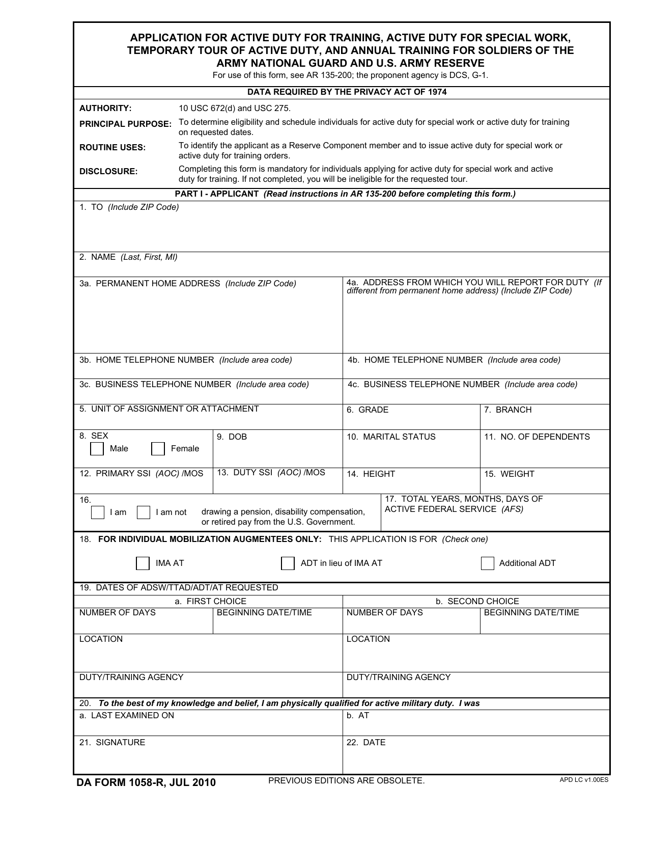 DA Form 1058 form preview