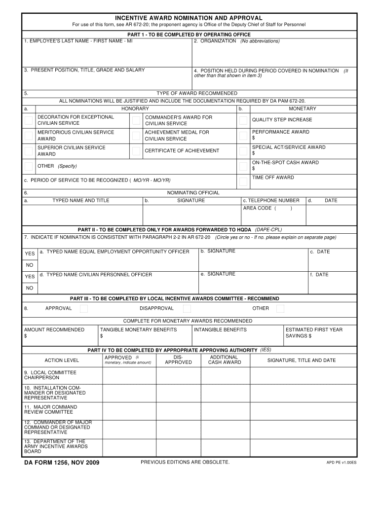 DA Form 1256 form preview