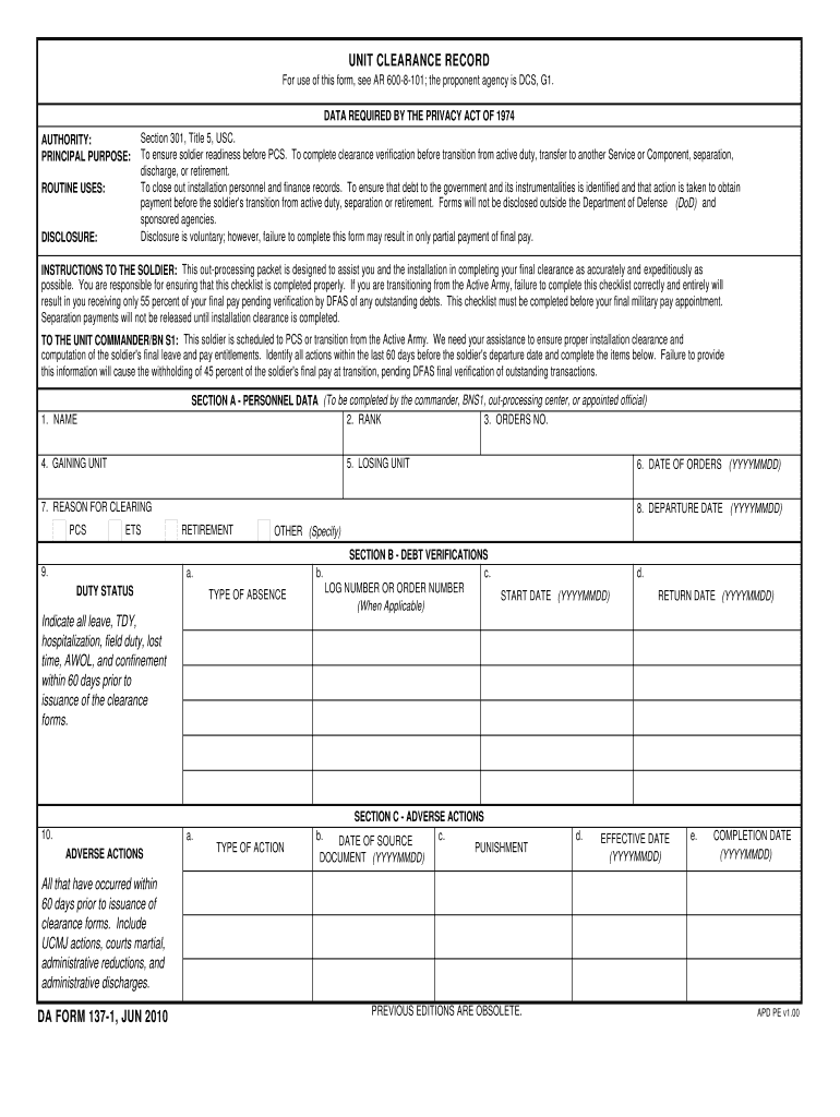 DA Form 137-1 form preview
