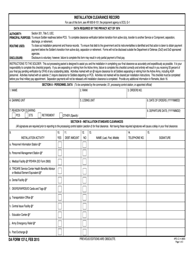 DA Form 137-2 form preview