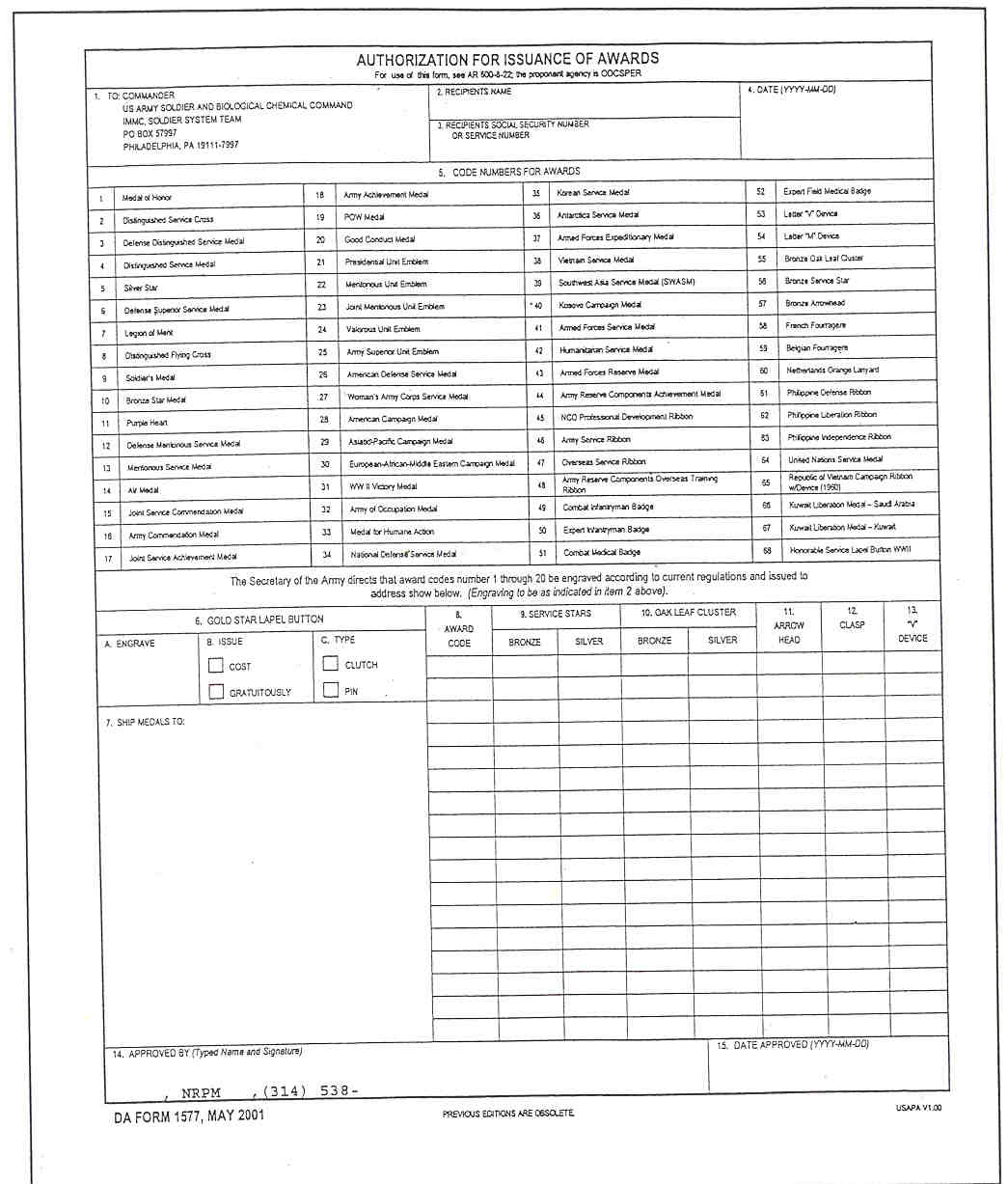 DA Form 1577 form preview