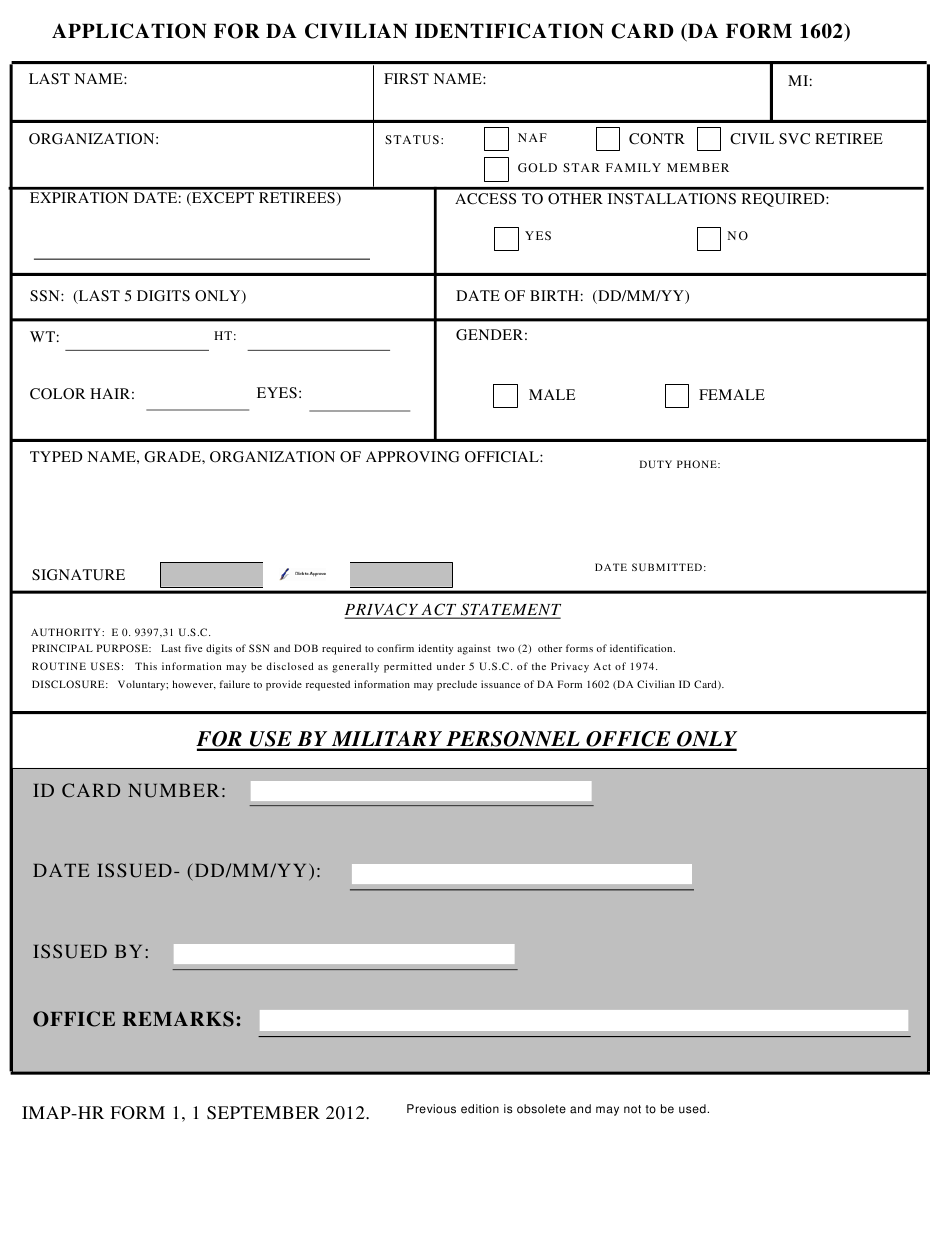 DA Form 1602 form preview