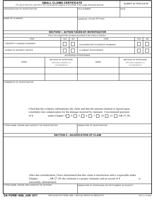 DA Form 1668 form preview