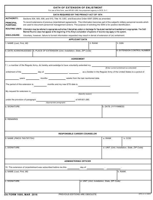 DA Form 1695 form preview