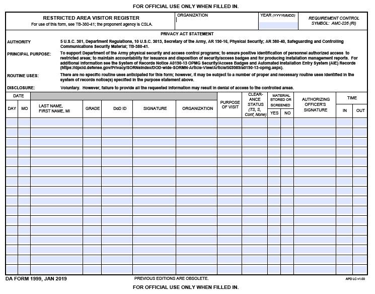 DA Form 1999 form preview