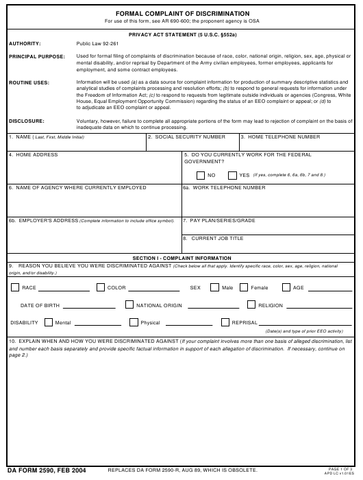 DA Form 2590 form preview