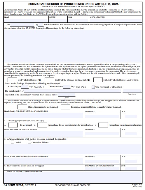 DA Form 2627-1 form preview