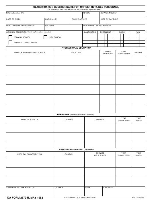 DA Form 2672-R form preview