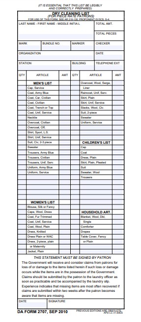 DA Form 2707 form preview