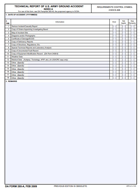 DA Form 285-A form preview