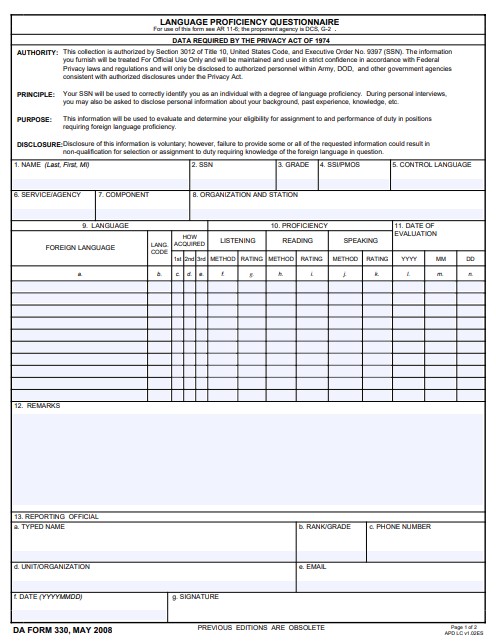 DA Form 330 form preview