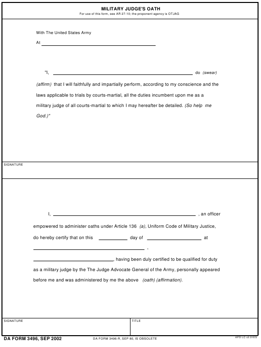 DA Form 3496 form preview