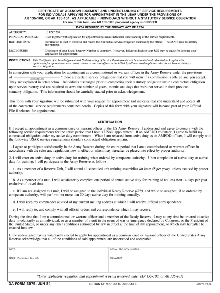 DA Form 3575 form preview