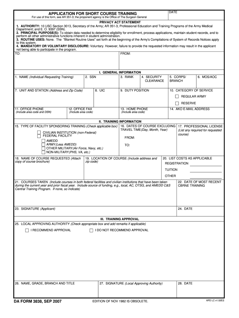 DA Form 3838 form preview