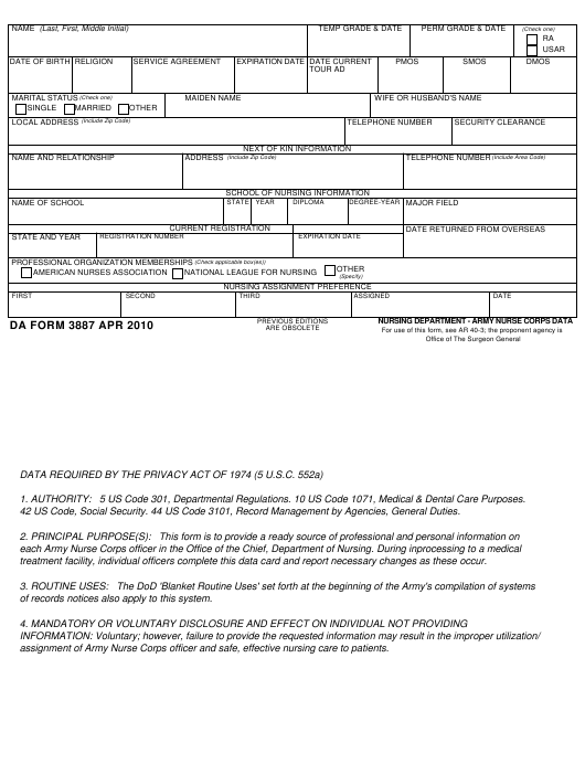 DA Form 3887 form preview