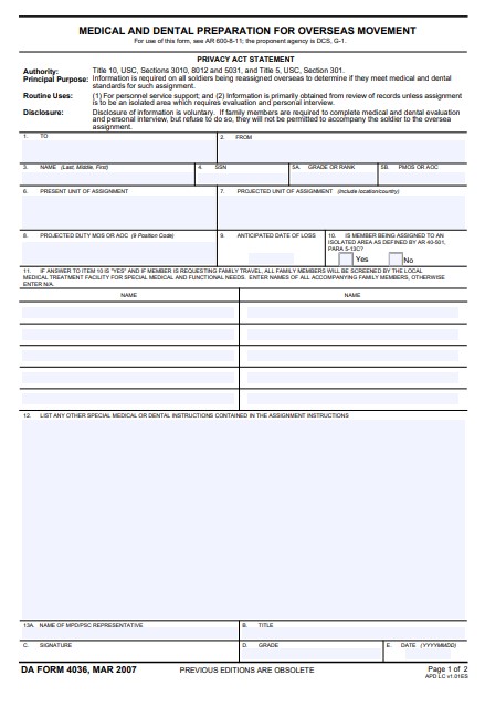 DA Form 4036 form preview