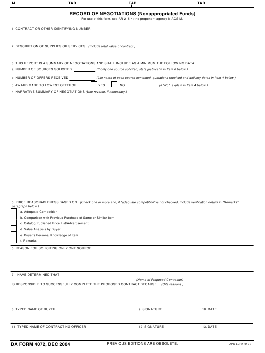 DA Form 4072 form preview