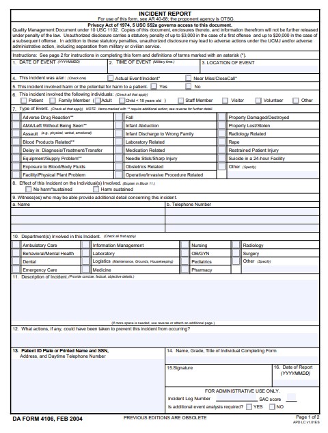 DA Form 4106 form preview