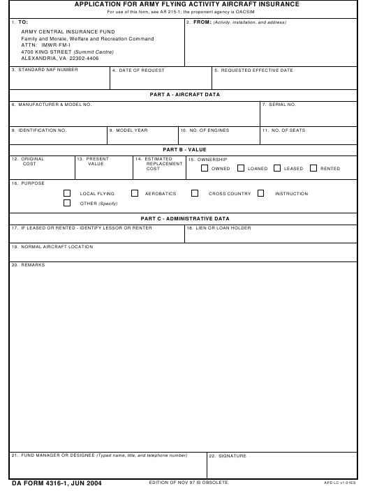 DA Form 4316-1 form preview
