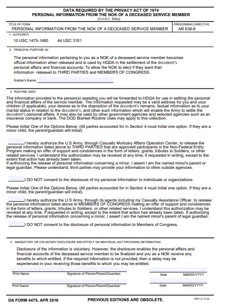 DA Form 4475 form preview
