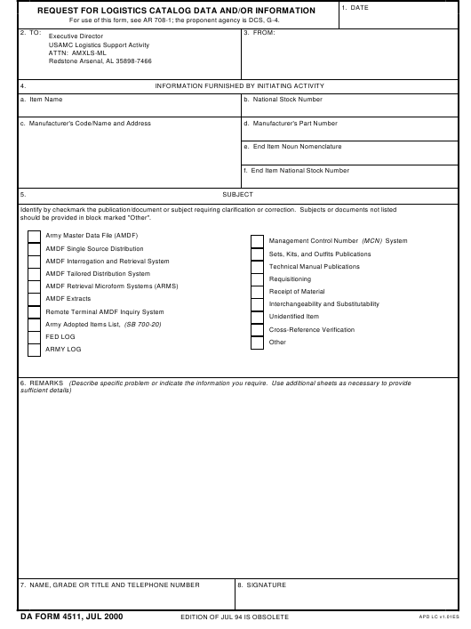 DA Form 4511 form preview