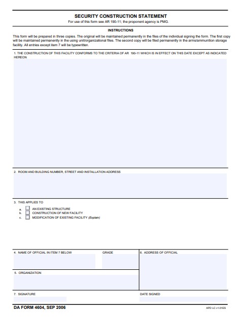 DA Form 4604 form preview