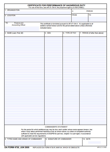 DA Form 4730 form preview