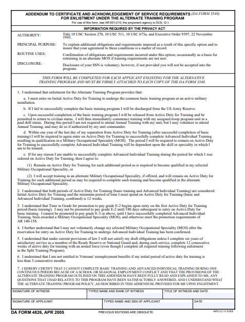 DA Form 4826 form preview