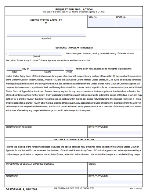 DA Form 4919 form preview