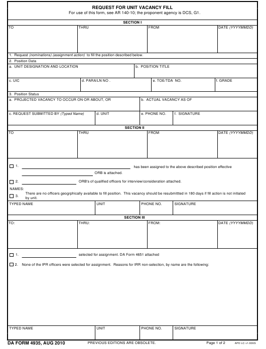 DA Form 4935 form preview