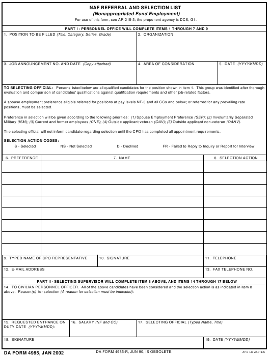 DA Form 4985 form preview