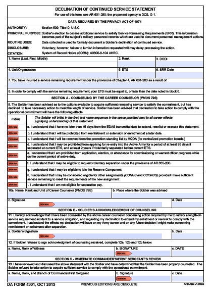 DA Form 4991 form preview