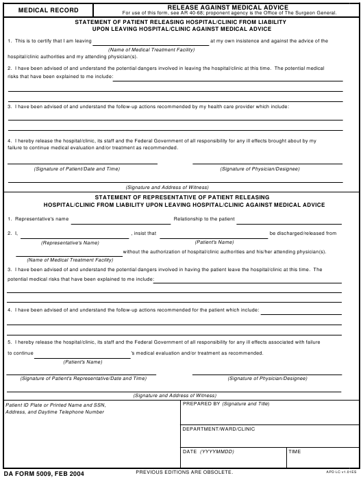DA Form 5009 form preview
