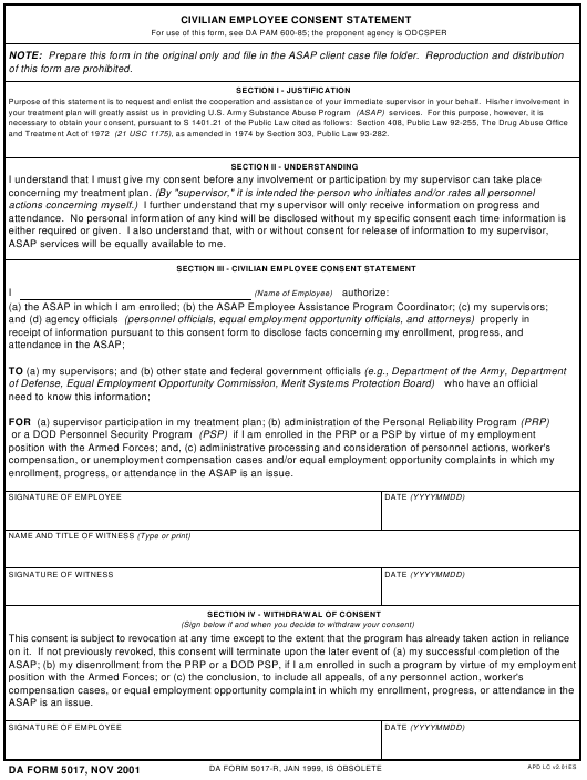 DA Form 5017 form preview