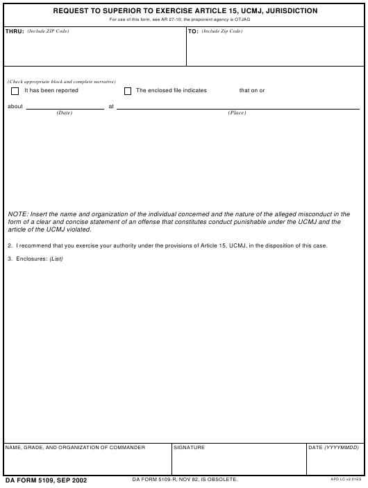 DA Form 5109 form preview