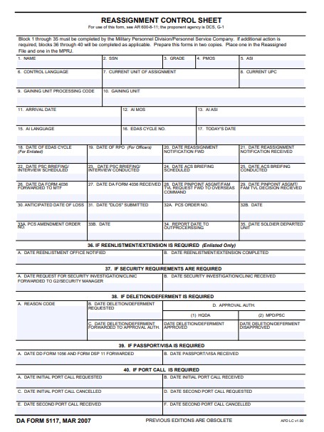 DA Form 5117 form preview