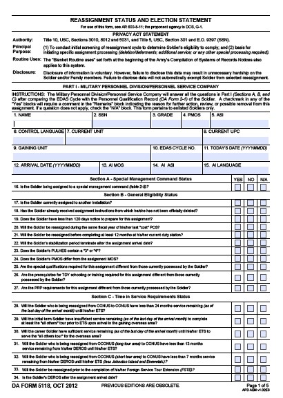 DA Form 5118 form preview