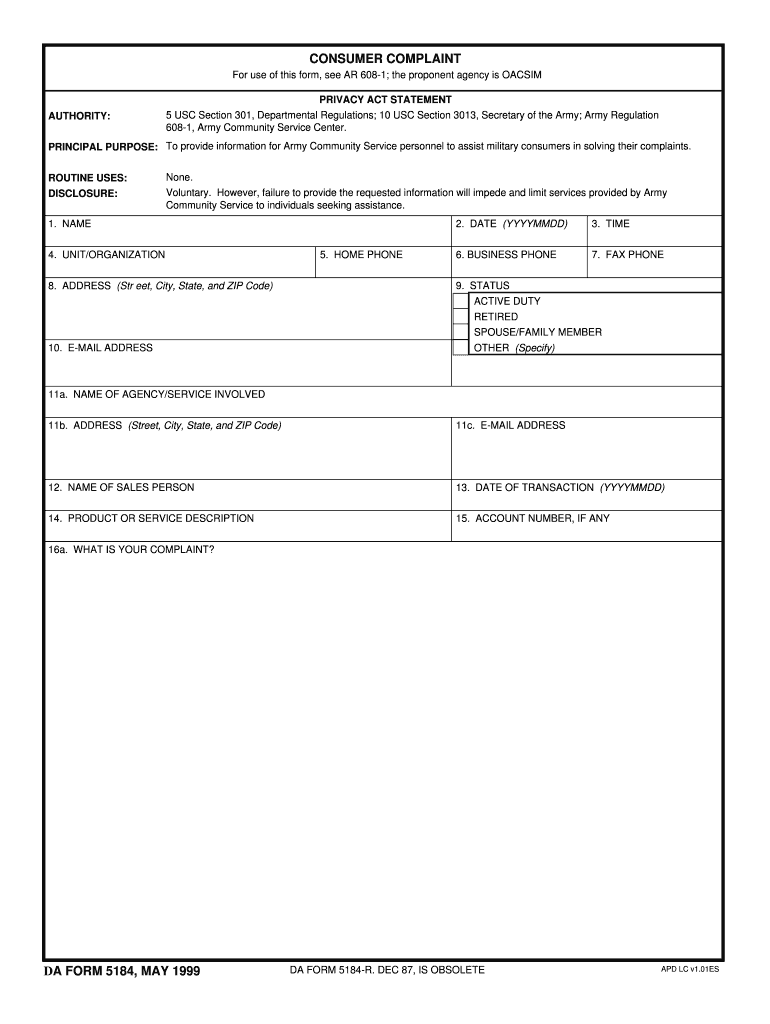DA Form 5184 form preview
