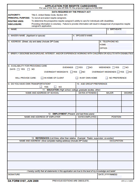 DA Form 5187 form preview