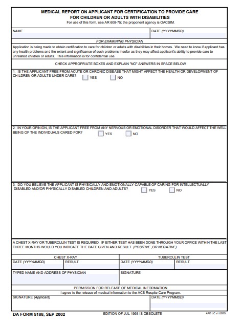 DA Form 5188 form preview