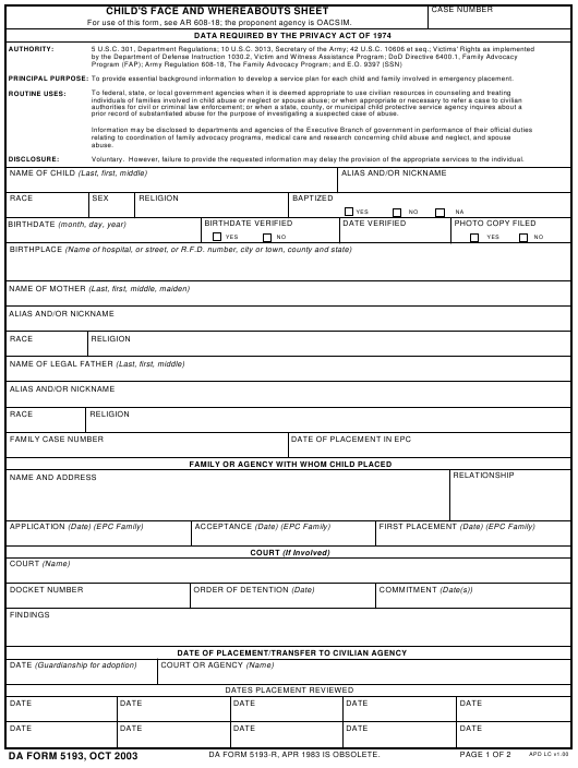 DA Form 5193 form preview