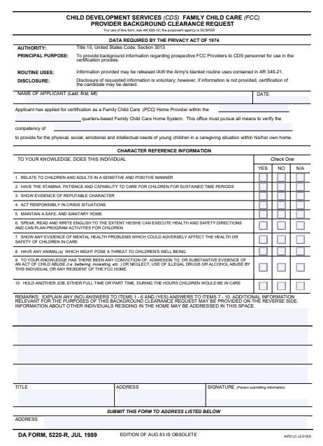 DA Form 5220-R form preview