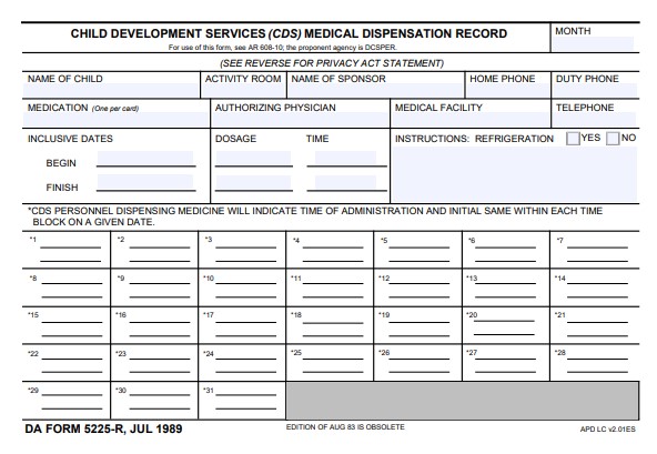 DA Form 5225-R form preview