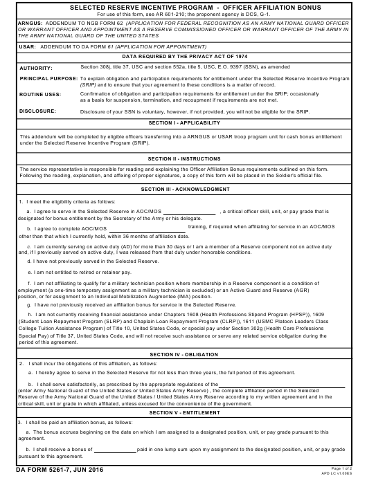 DA Form 5261-7 form preview