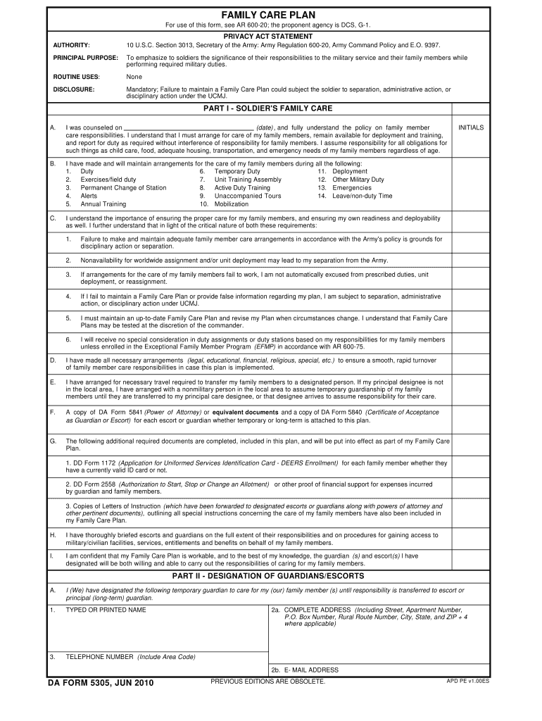 DA Form 5305 form preview