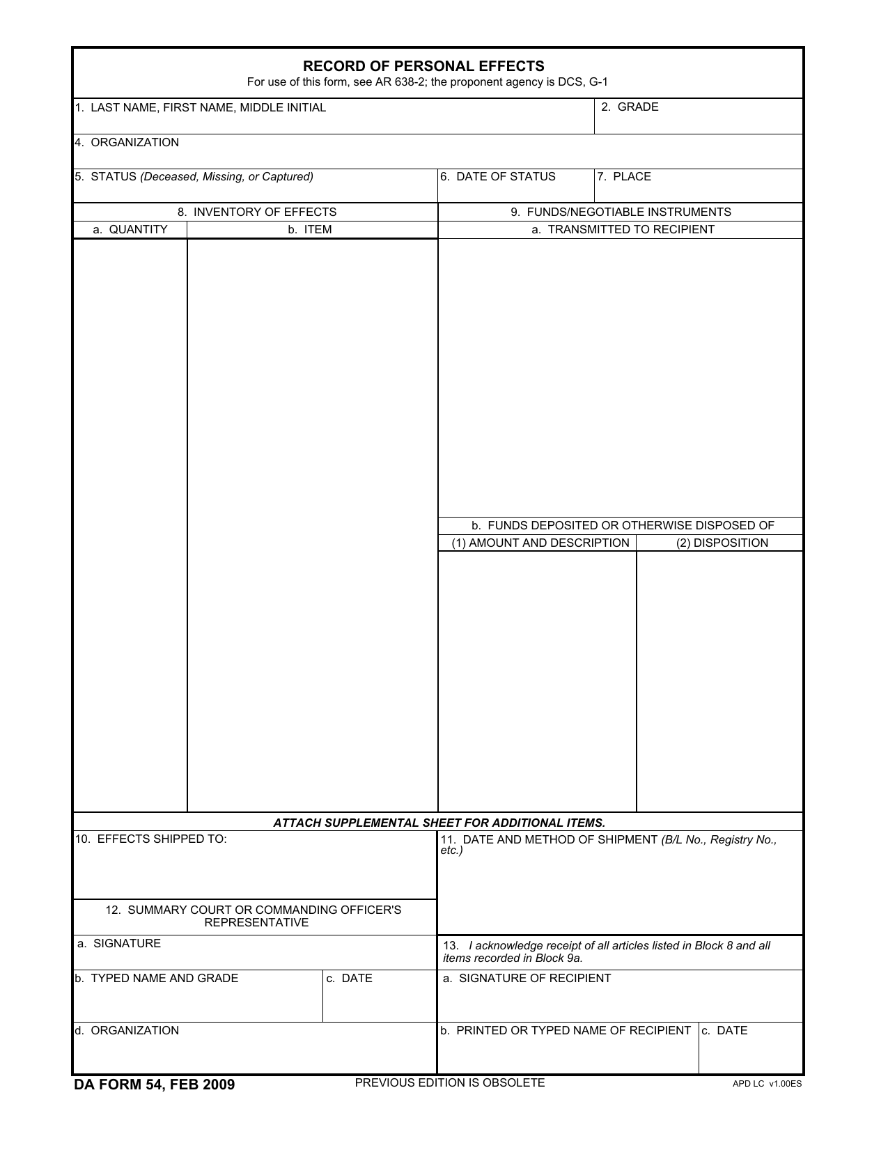 DA Form 54 form preview