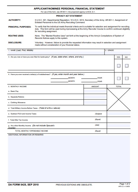 DA Form 5425 form preview