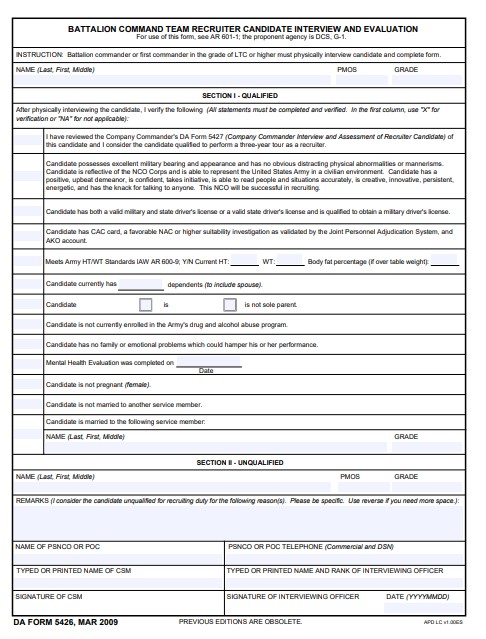 DA Form 5426 form preview