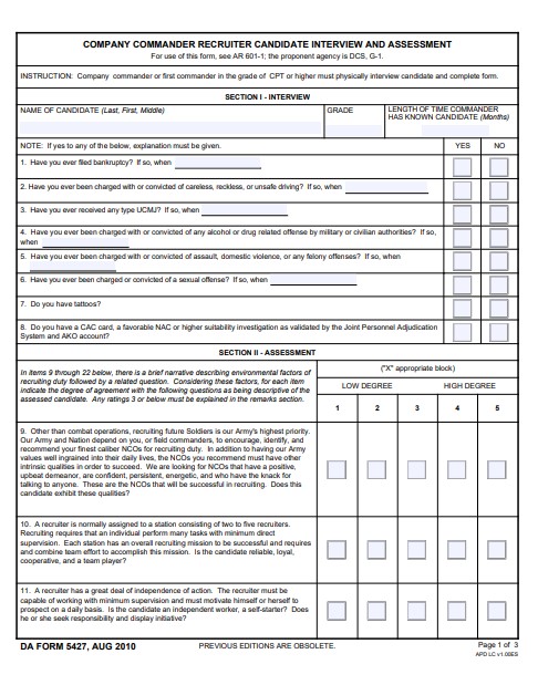 DA Form 5427 form preview