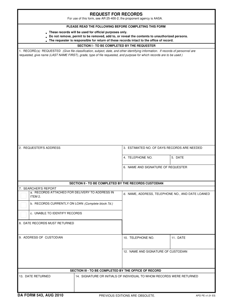 DA Form 543 form preview